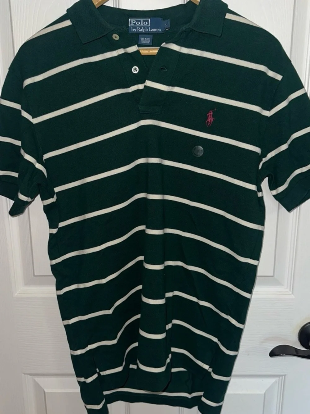 Ralph Lauren Dark Green & White Striped Polo with Pink Pony
